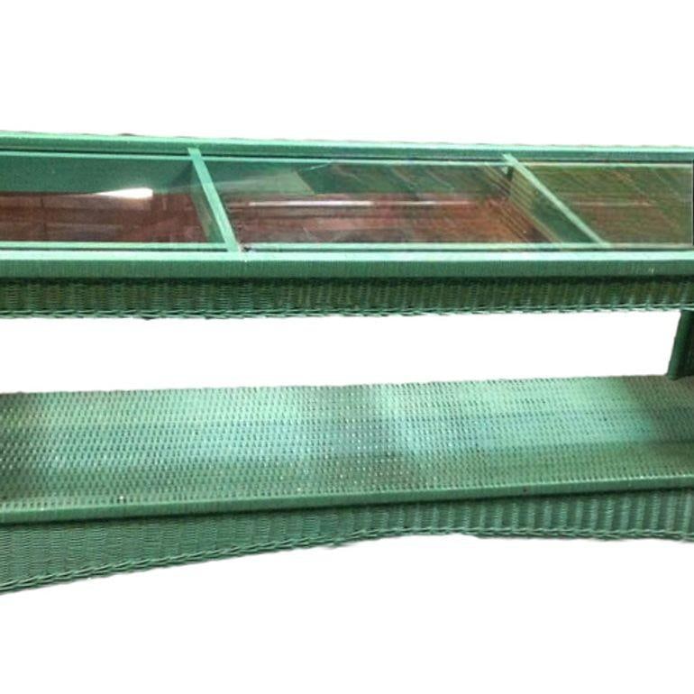 Restored Mid Century Green Woven Wicker TV Stand/Console Table w/ Glass Top - 3