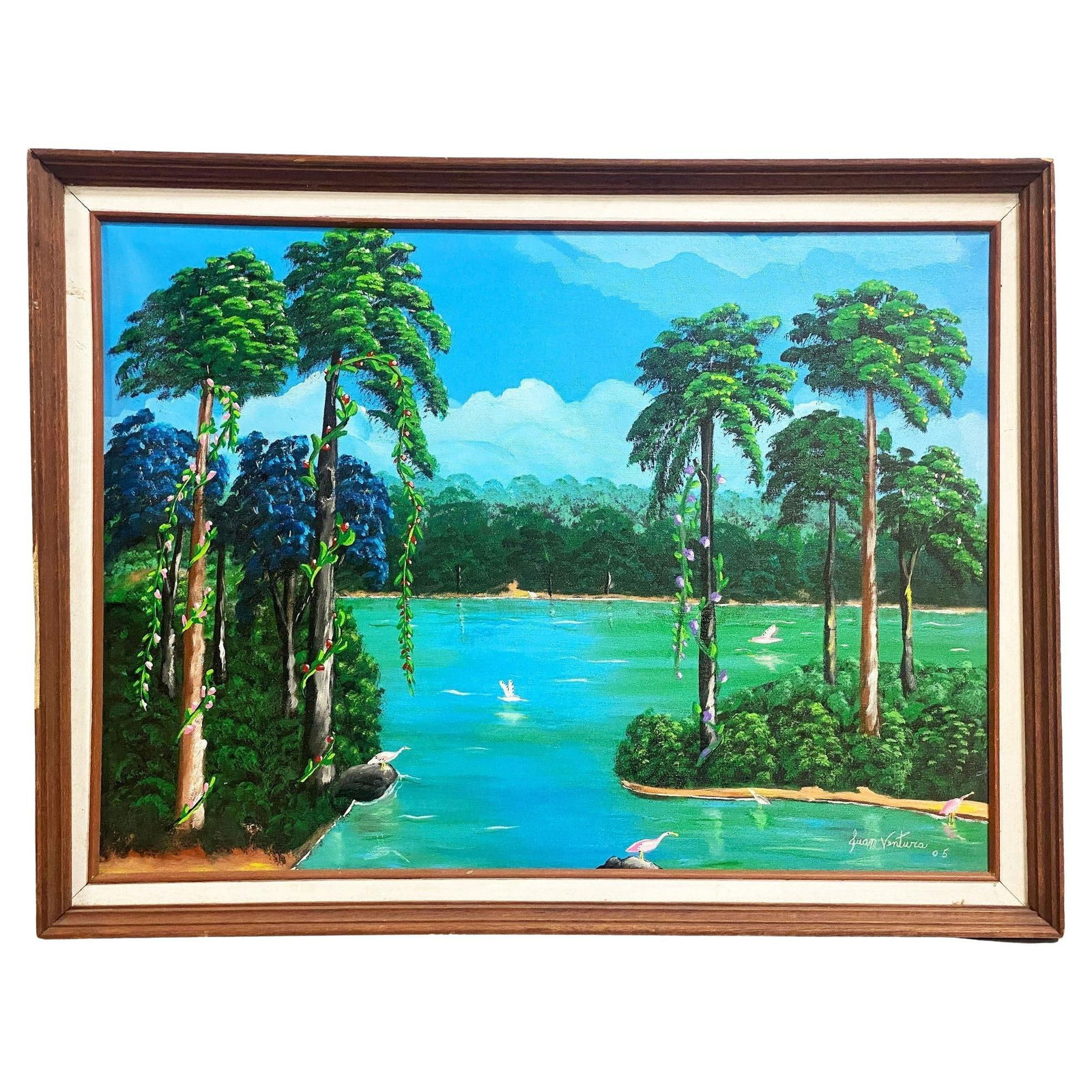 Large Tropical Hawaiian Scenic with Flamingos Oil on Canvas Signed (1 of 20)