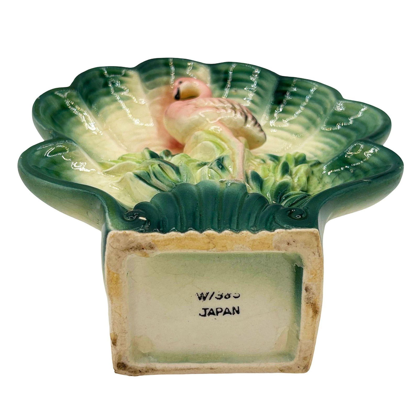 Rare Japanese Mid-century Tropical Calm Shell Flamingo Flower Wall Planter - 13
