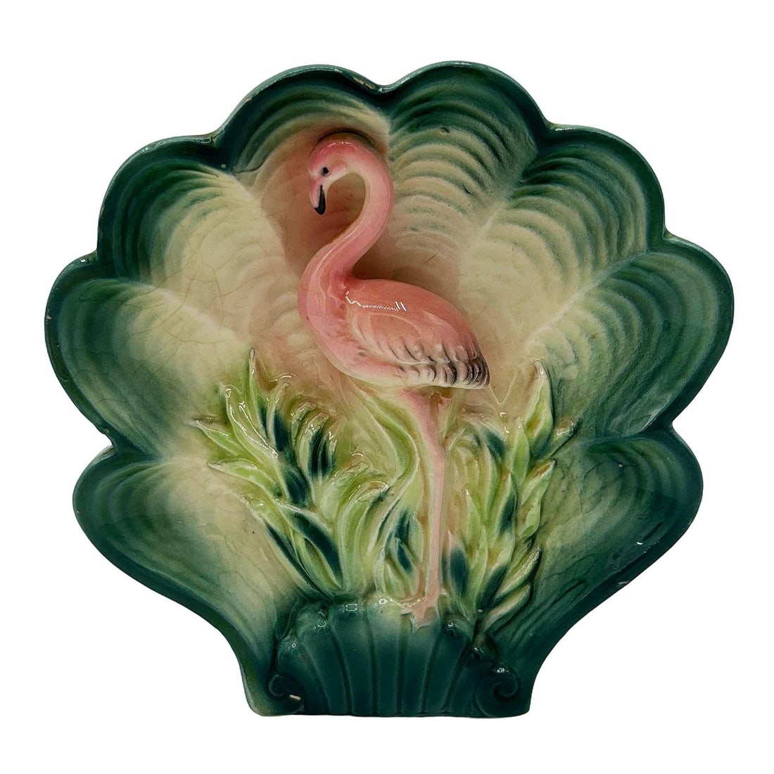Rare Japanese Mid-century Tropical Calm Shell Flamingo Flower Wall Planter - 15