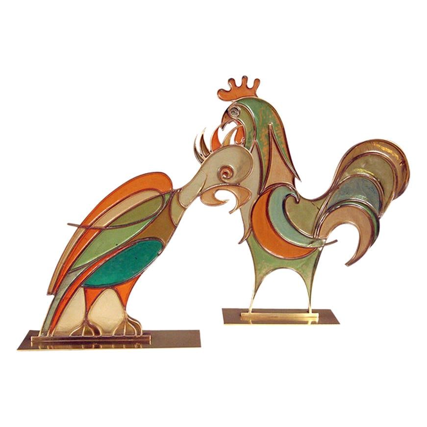 Rare Hans Hagenauer Rooster and Parrot Figures: Title: Rare Hans Hagenauer Rooster and Parrot Figures Description: This rare set of 1920s Austrian celluloid rooster and parrot figures by Hans Hagenauer (1896-1975) feature soft, pleasing colors
