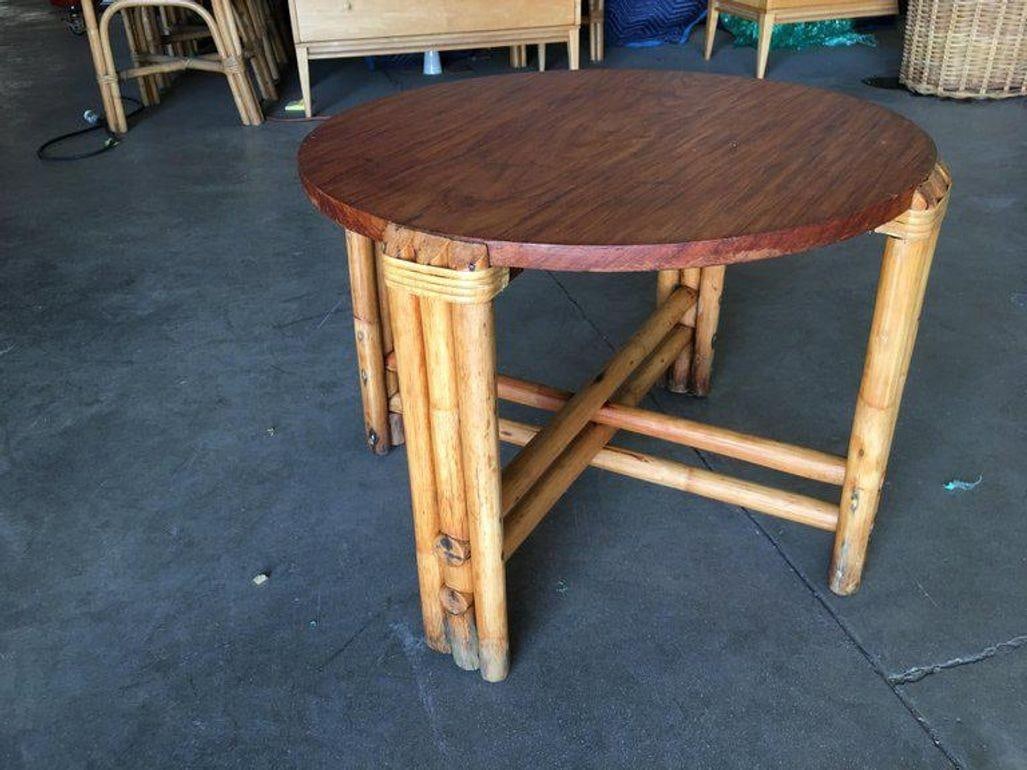 Restored Round Rattan Coffee Table W/ Mahogany Top - 11