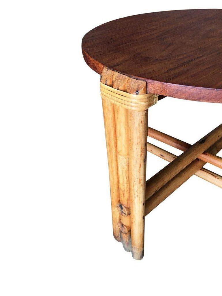 Restored Round Rattan Coffee Table W/ Mahogany Top - 2