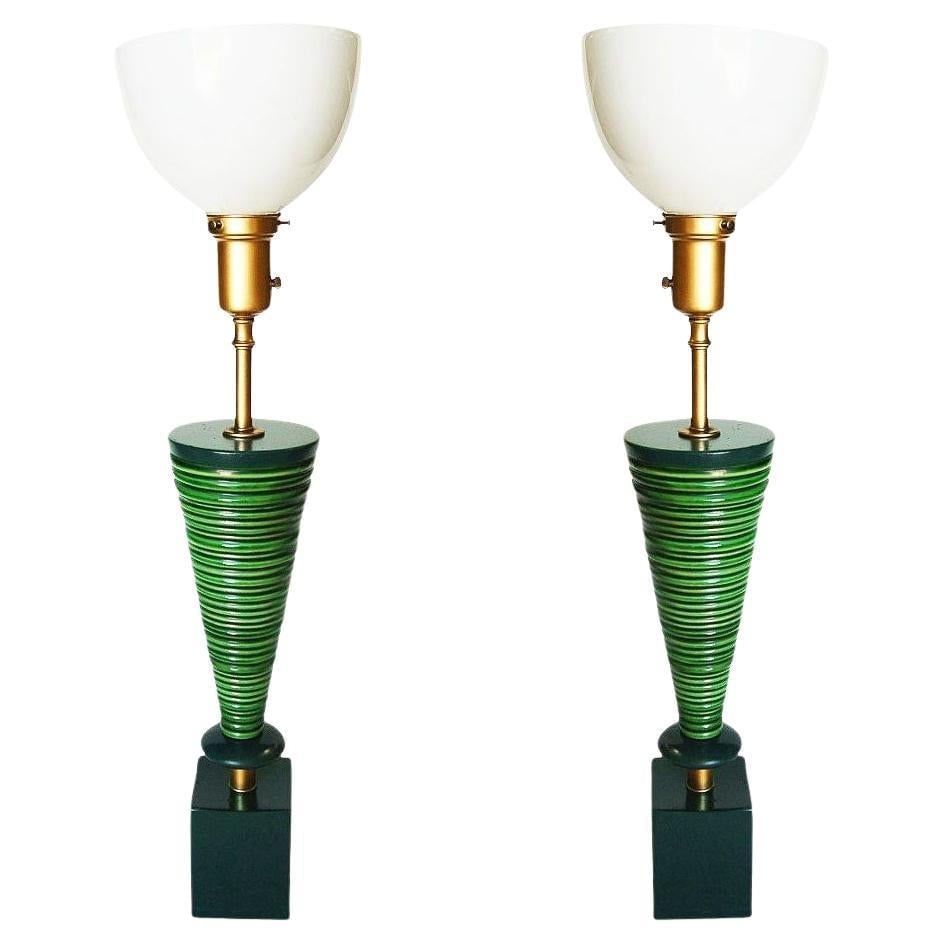 Mid-Century Ceramic Geometric Spiral Cone Table Lamp by Rembrandt, Pair: Title: Mid-Century Ceramic Geometric Spiral Cone Table Lamp by Rembrandt, Pair Description: A pair of 2 geometric Modernist table lamps labeled by the Rembrandt lighting company. Each lamp features a