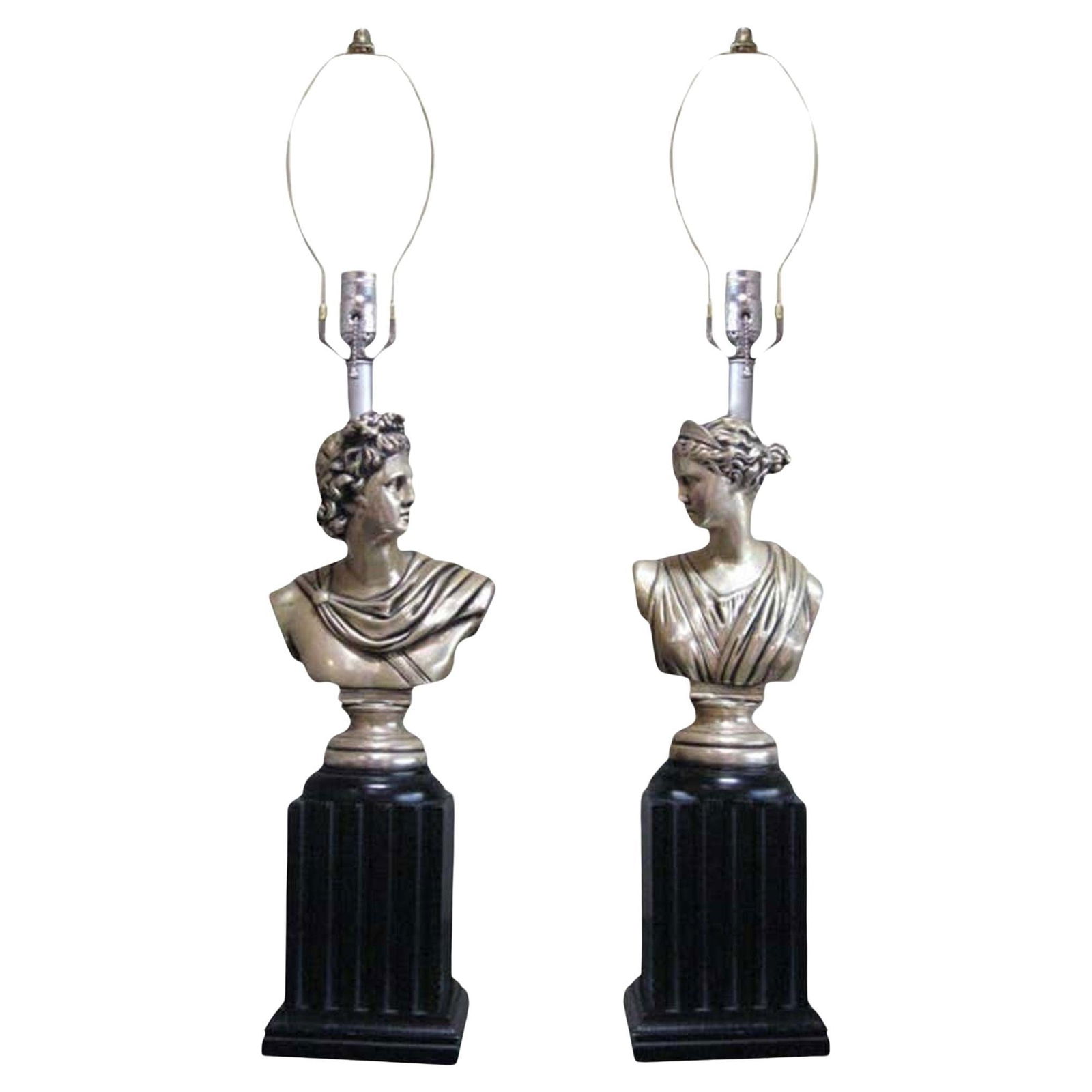 MCM High Style Hollywood Regency God & Goddess Pillar Table Lamps, Pair: Title: MCM High Style Hollywood Regency God & Goddess Pillar Table Lamps, Pair Description: This pair of 1950s Neoclassical-style table lamps features the busts of Greek gods mounted on the lower half