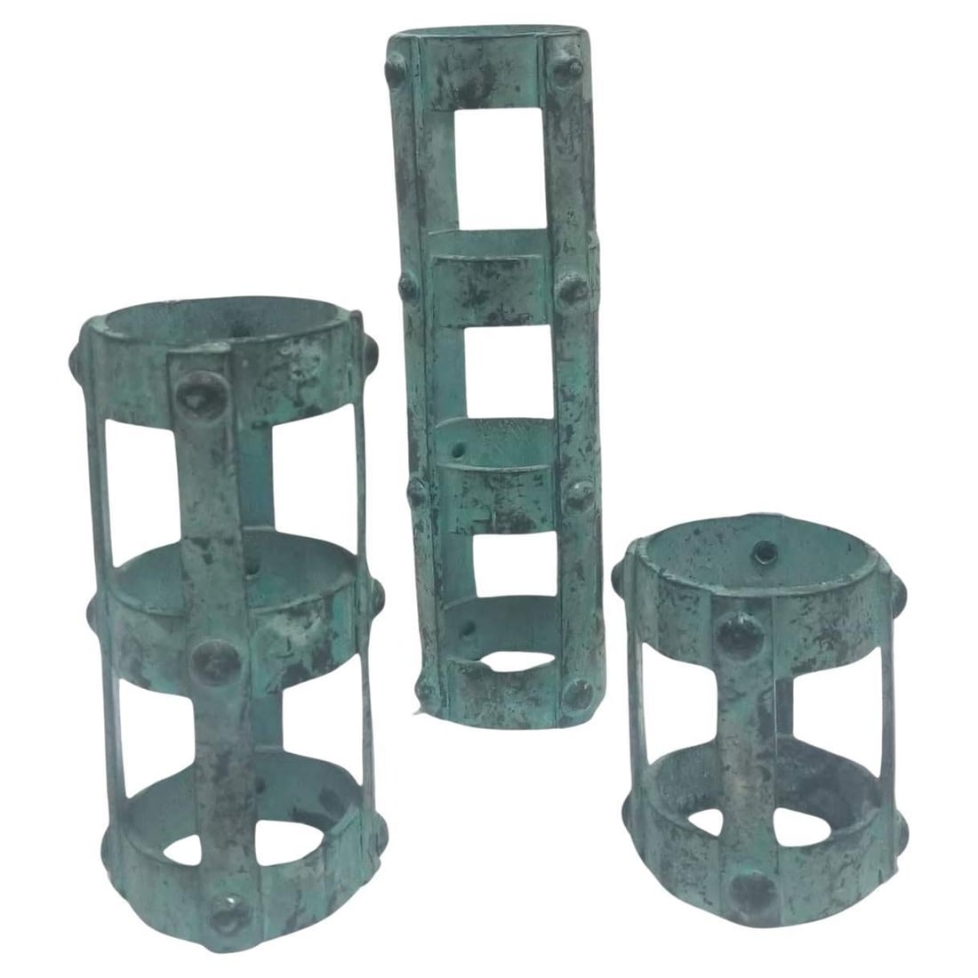 Set of 3 Brutalist style Candlestick Holders Cage Design: Title: Set of 3 Brutalist style Candlestick Holders Cage Design Description: Introducing our set of 3 rugged Brutalist-style cast bronze cages—a perfect fusion of industrial charm and ambient