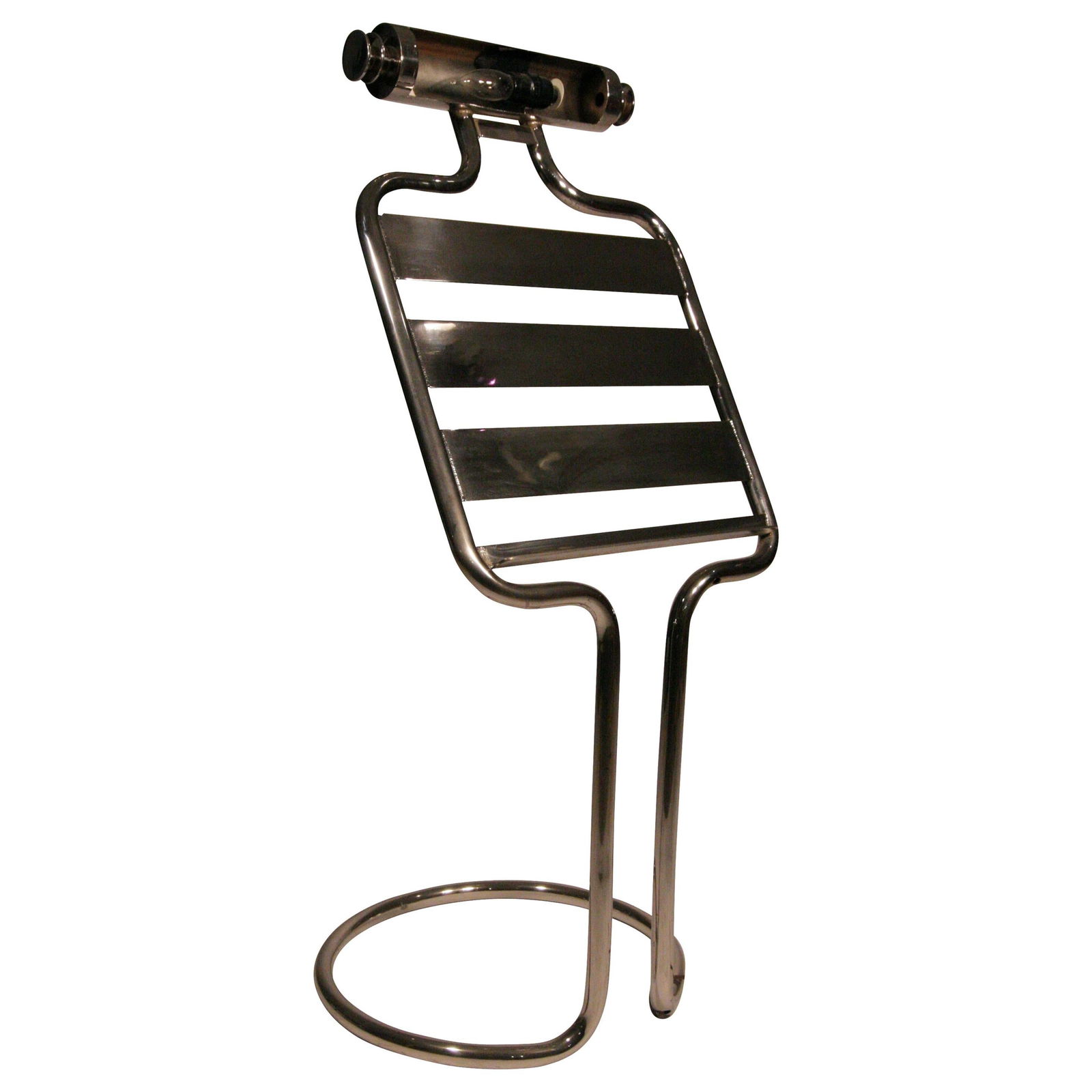 Mid-century Italian Chrome Sheet Music Book Stand w/ Reading Light, 5 Available: Title: Mid-century Italian Chrome Sheet Music Book Stand w/ Reading Light, 5 Available Description: Mid-century Italian-designed chrome sheet music Book stand made from a solid single-piece round