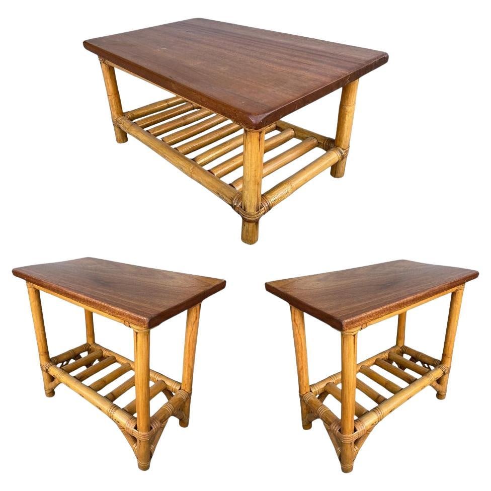 Restored Child Size Floating "Ladder" Rattan Coffee & Side Table Set: Title: Restored Child Size Floating "Ladder" Rattan Coffee & Side Table Set Description: This rare, beautifully restored child-size floating "Jacob's Ladder" coffee table and side table pair set