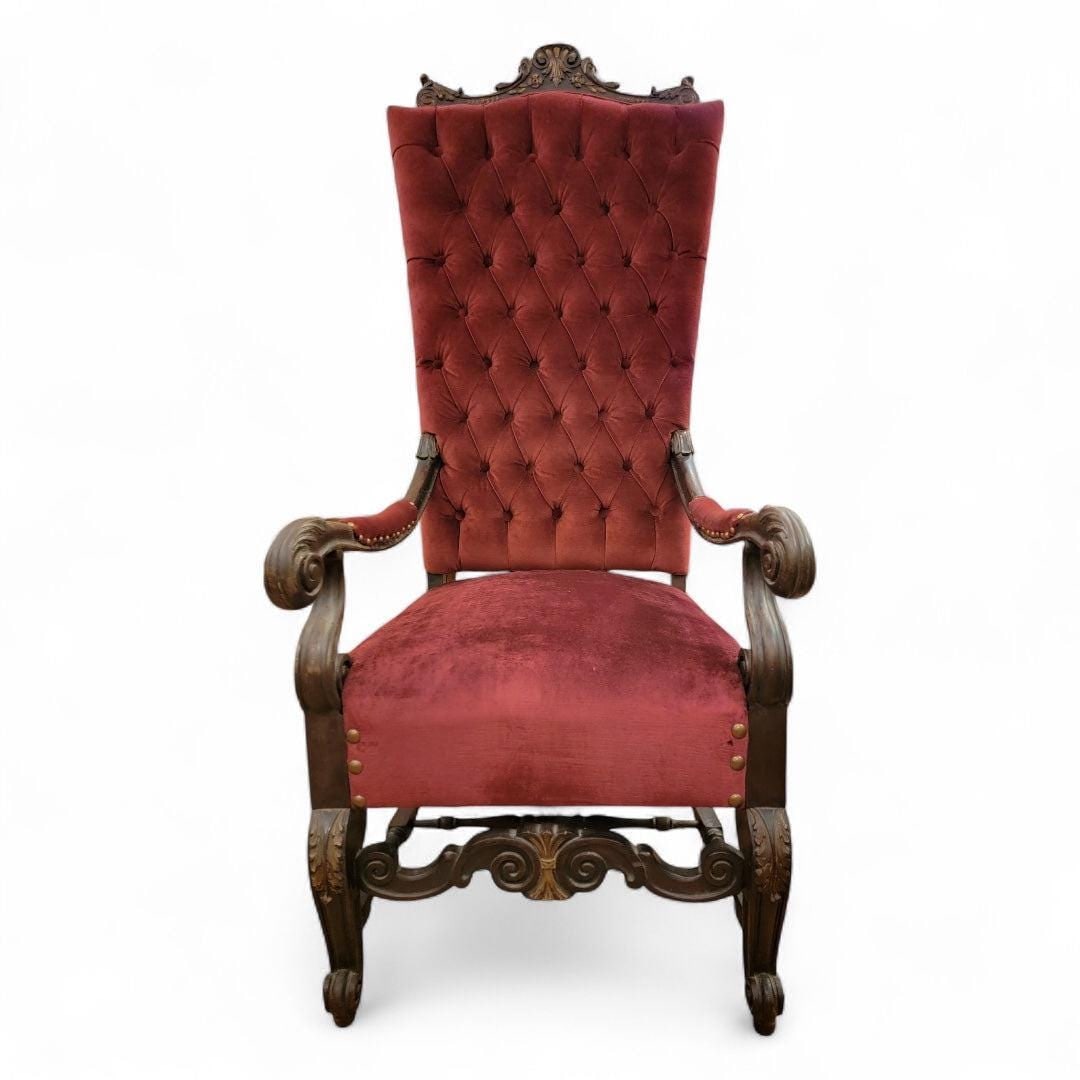 Antique Victorian Oversized Tufted Throne Chair Newly Reupholstered - 6