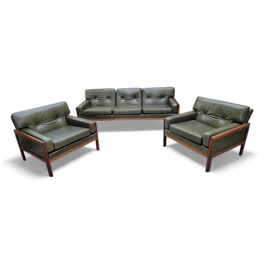 Mid Century Danish Vatne Mobler Sofa & Club Chairs Newly Reupholstered: Title: Mid Century Danish Vatne Mobler Sofa & Club Chairs Newly Reupholstered Description: Mid Century Danish Modern Vatne Mobler Teak Frame Sofa & Club Chairs Newly Upholstered in Full Grain