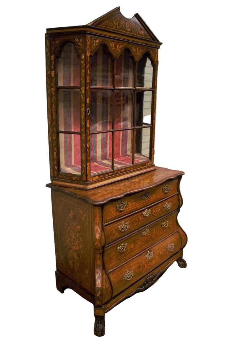Antique Dutch Marquetry Display Vitrine Cabinet - 2