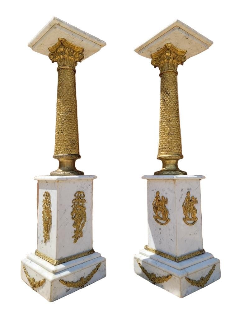 Antique French Empire Ormolu White Carrara Marble Pedestals - Pair - 4