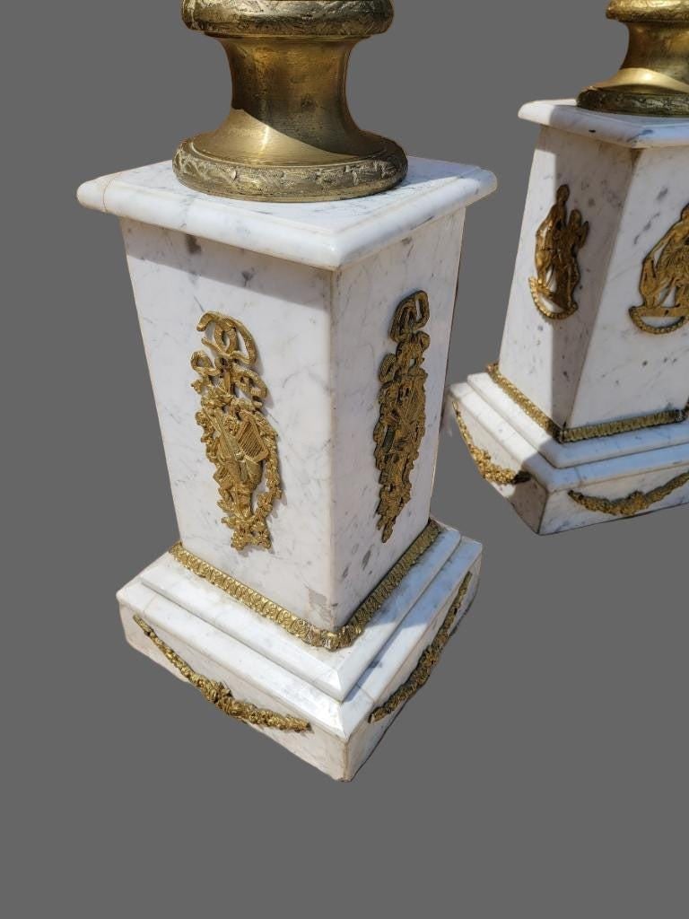 Antique French Empire Ormolu White Carrara Marble Pedestals - Pair - 6