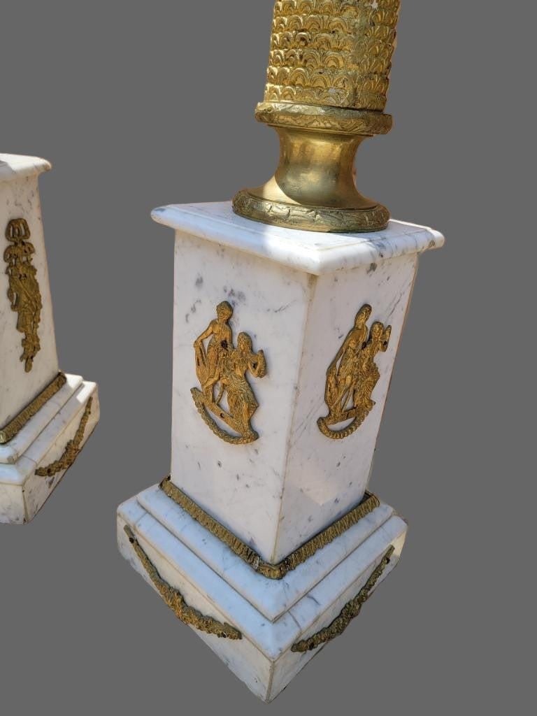 Antique French Empire Ormolu White Carrara Marble Pedestals - Pair - 7