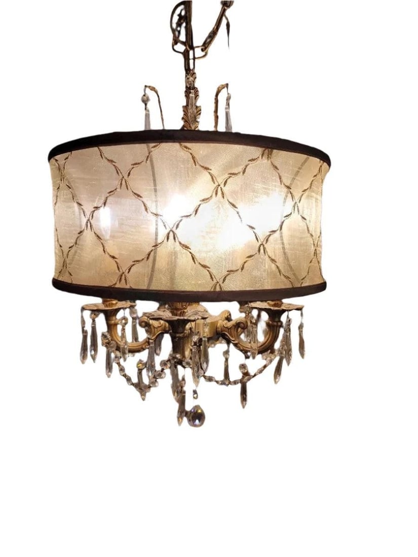 Antique Brass Gold Embroidered Silk Shade Crystal Chandelier - 3