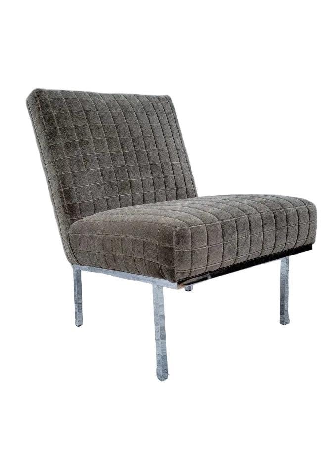 MCM Florence Knoll Style Slipper Chair Newly Reupholstered: Title: MCM Florence Knoll Style Slipper Chair Newly Reupholstered Description: Mid Century Modern Florence Knoll Style Chrome Base Slipper Chair Newly Reupholstered in a Clay-Gray Cube Patterned