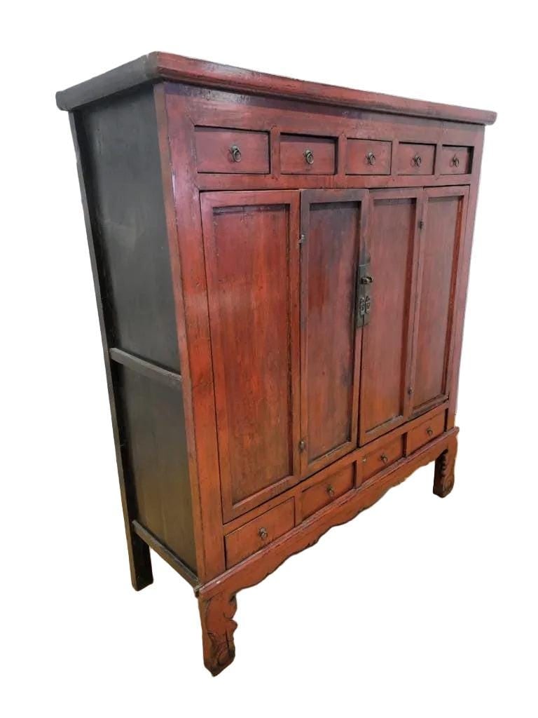 Antique Shanxi Province Red Lacquered Elm Cabinet - 3