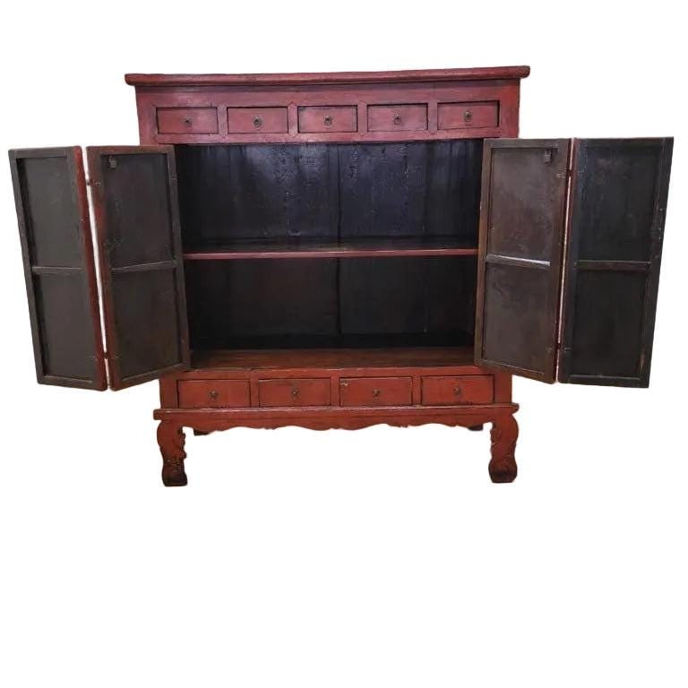 Antique Shanxi Province Red Lacquered Elm Cabinet - 4
