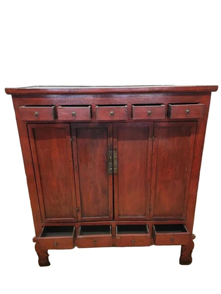 Antique Shanxi Province Red Lacquered Elm Cabinet - 5
