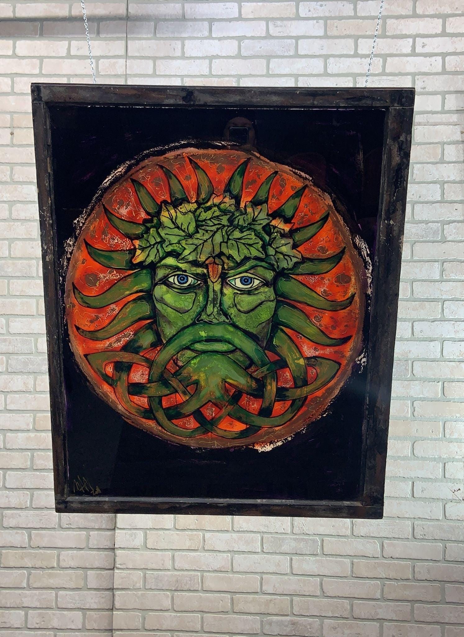 Vintage Reverse Painted Glass Hanging Wall Art with Male Figure Signed by Mark Narens: Title: Vintage Reverse Painted Glass Hanging Wall Art with Male Figure Signed by Mark Narens Description: Vintage Reverse Painted Glass Hanging Wall Art with Male Figure Signed by Mark