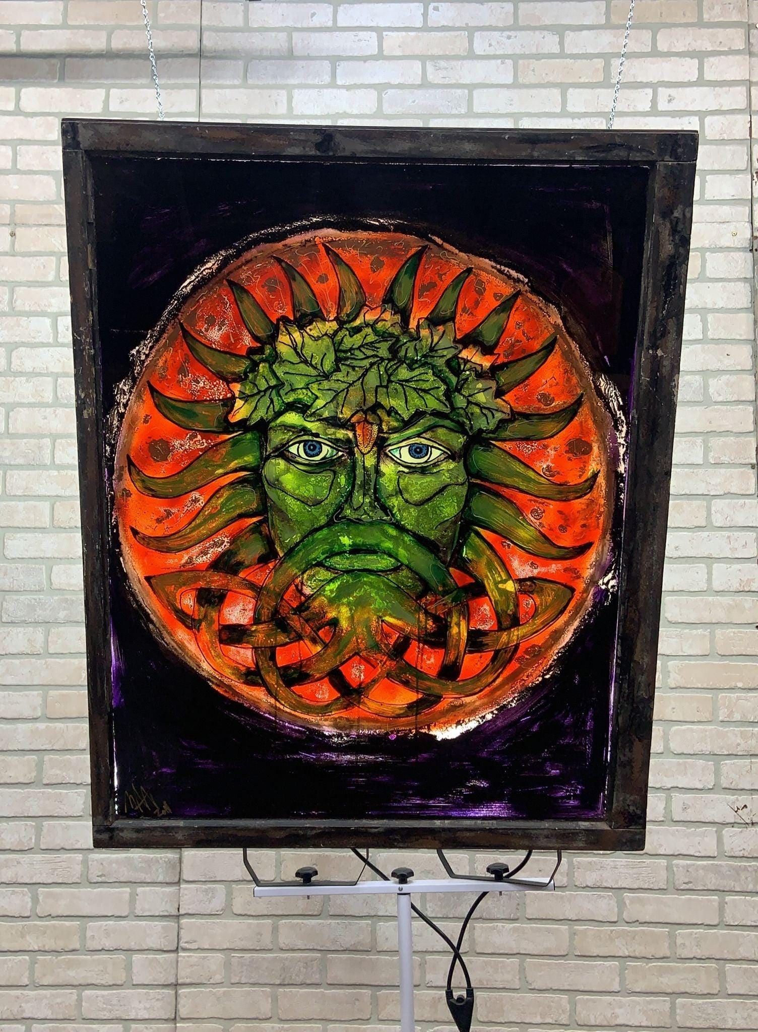 Vintage Reverse Painted Glass Hanging Wall Art with Male Figure Signed by Mark Narens - 3