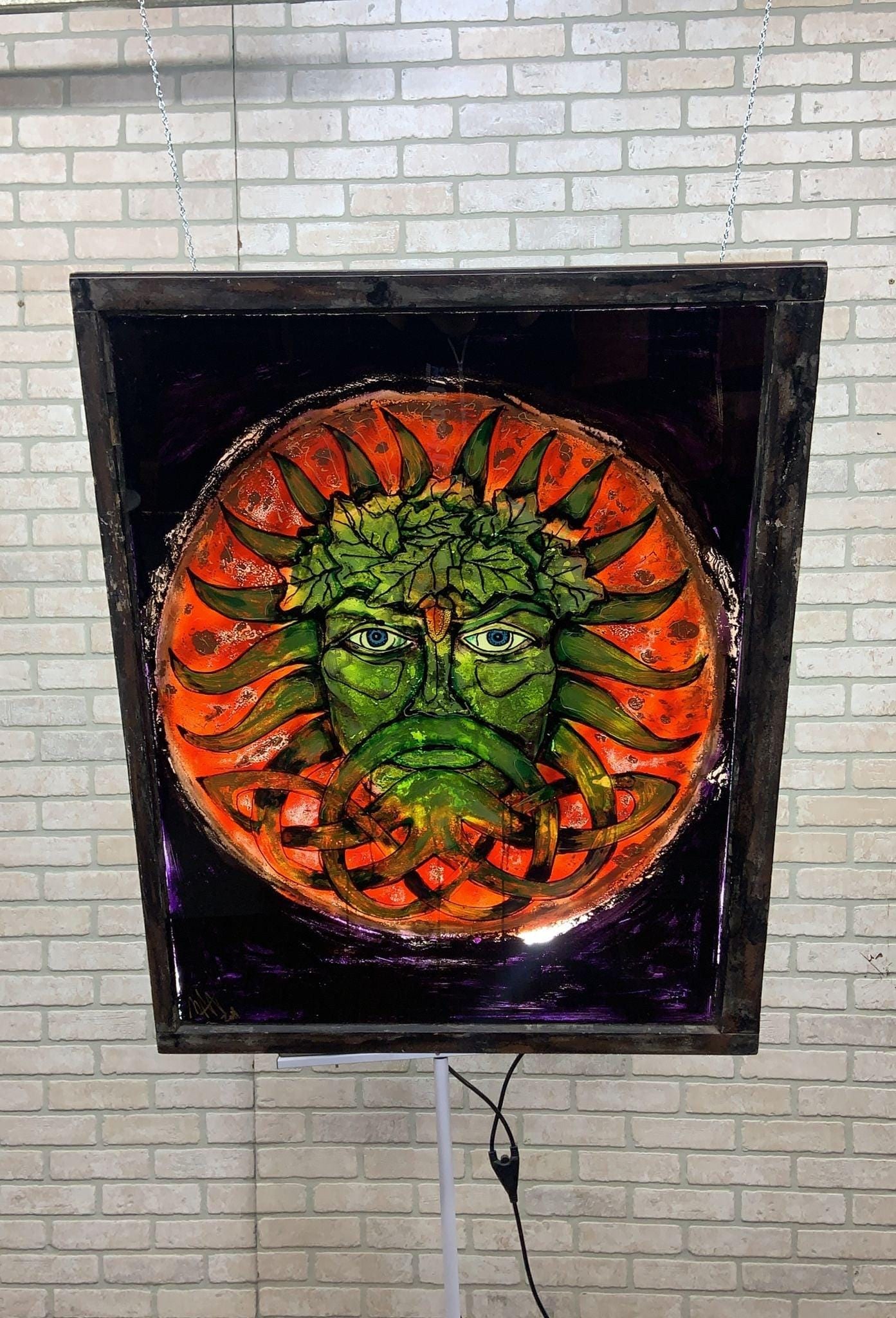 Vintage Reverse Painted Glass Hanging Wall Art with Male Figure Signed by Mark Narens - 5