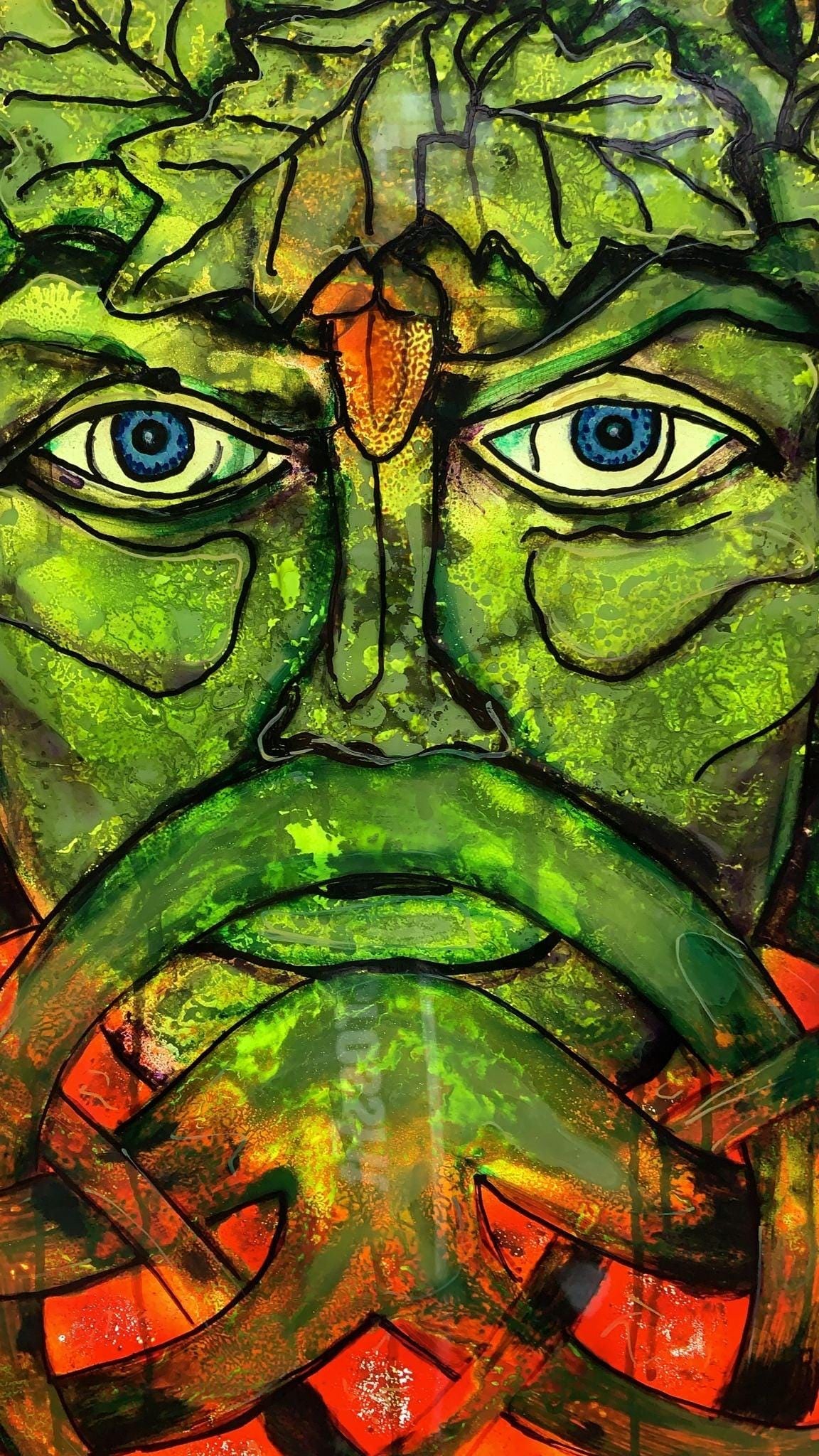 Vintage Reverse Painted Glass Hanging Wall Art with Male Figure Signed by Mark Narens - 6