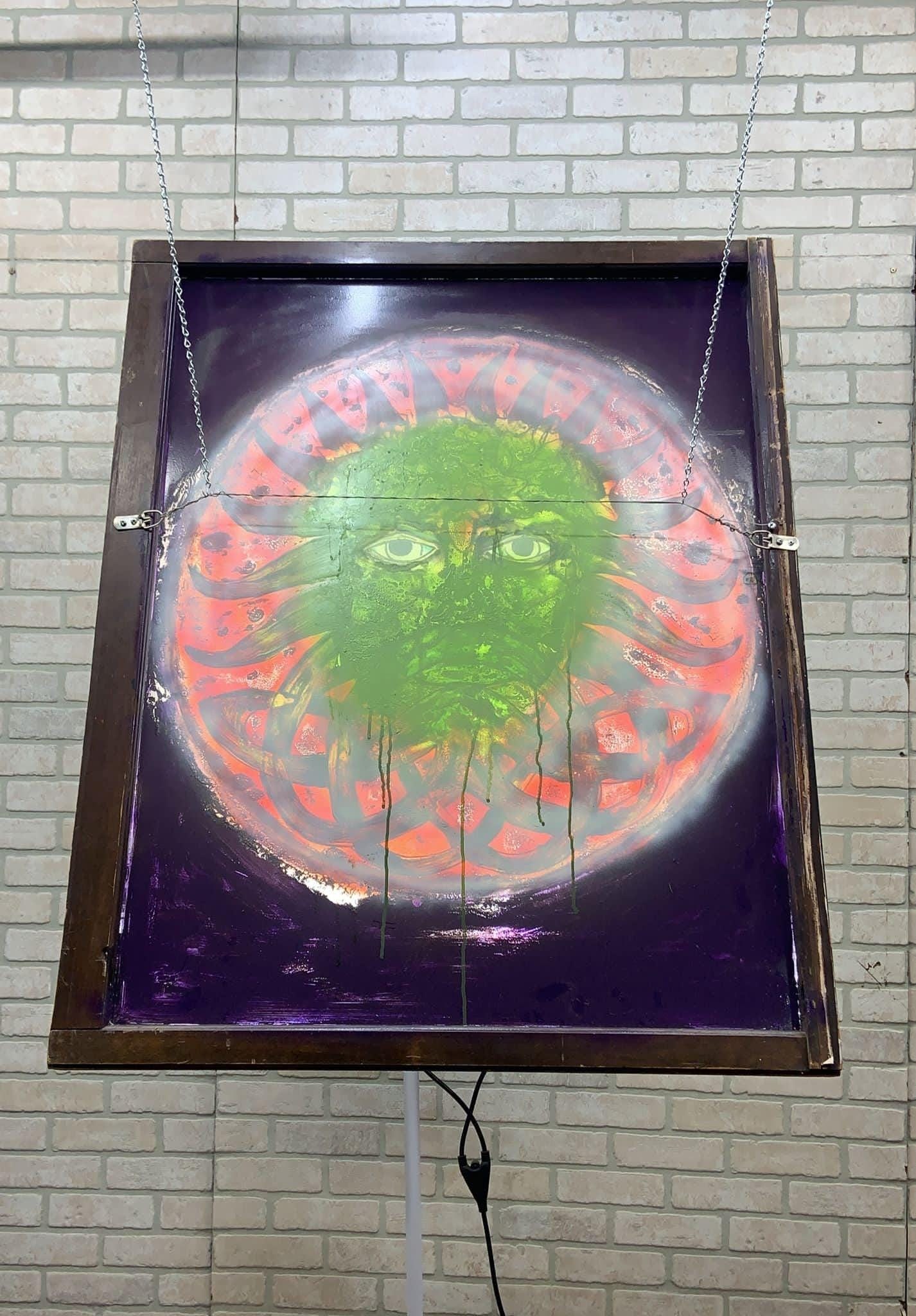 Vintage Reverse Painted Glass Hanging Wall Art with Male Figure Signed by Mark Narens - 7