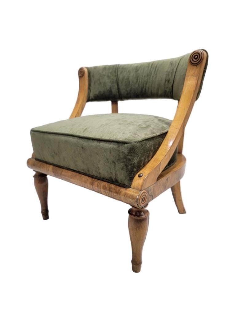 Antique Austrian Biedermeier Burled Accent Chair in Green Velvet Chenille (1 of 8)