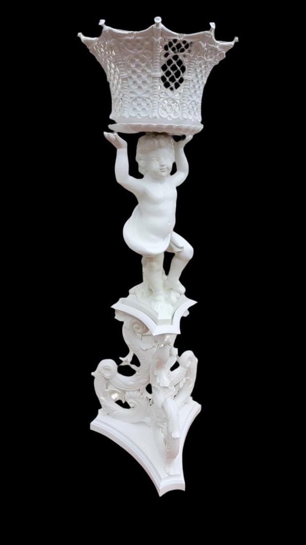 Antique Italian Capodimonte-Style Figural Plant Stand/Sculpture: Title: Antique Italian Capodimonte-Style Figural Plant Stand/Sculpture Description: Antique Italian Rococo Style White Capodimonte-Style Cherub Putti Figural Plant Stand / Pedestal Sculpture 