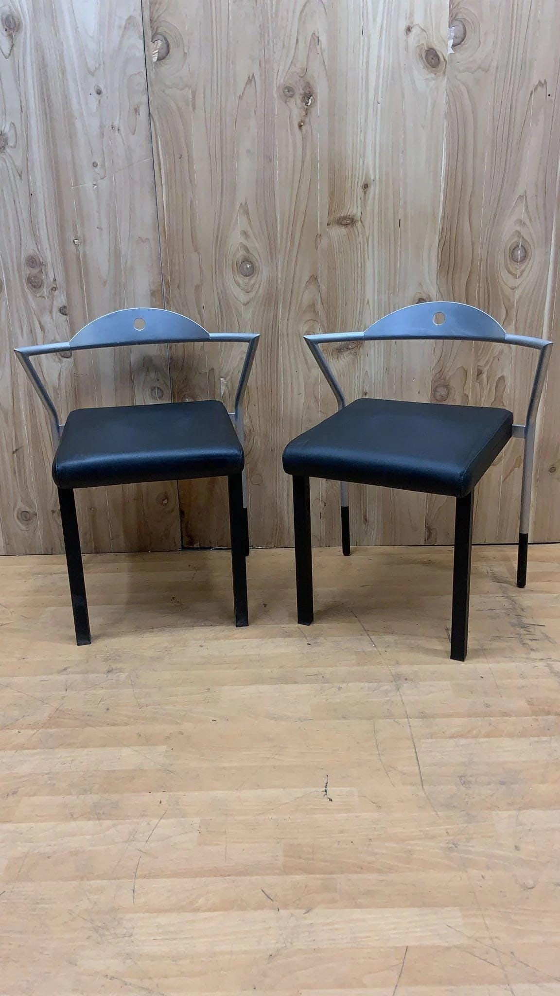 Vintage Space Age Italian Black Leather Side Chairs - Set of 7 - 7