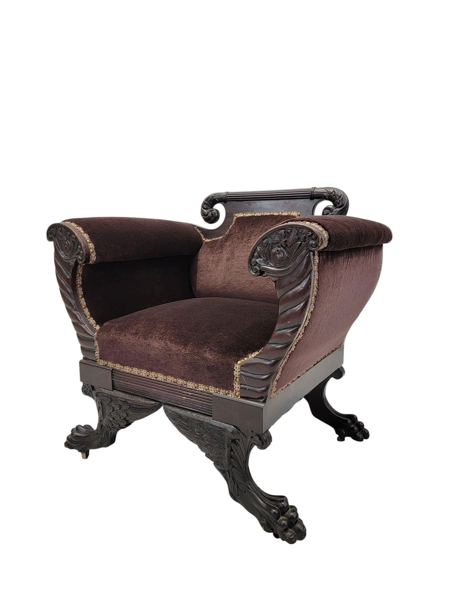 American Empire Mahogany Lounge Chair Newly Reupholstered in Mohair (1 of 9)