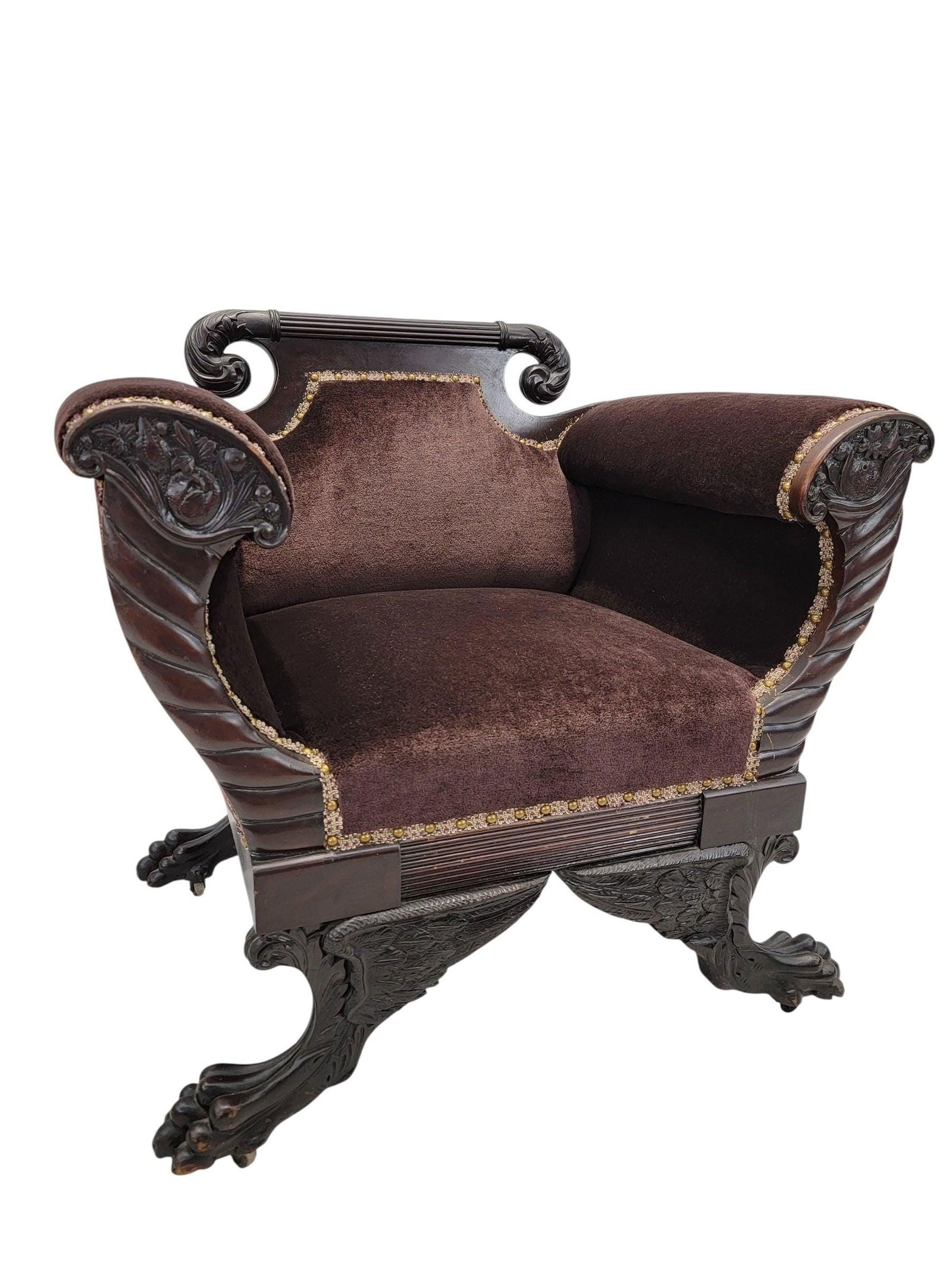 American Empire Mahogany Lounge Chair Newly Reupholstered in Mohair - 3