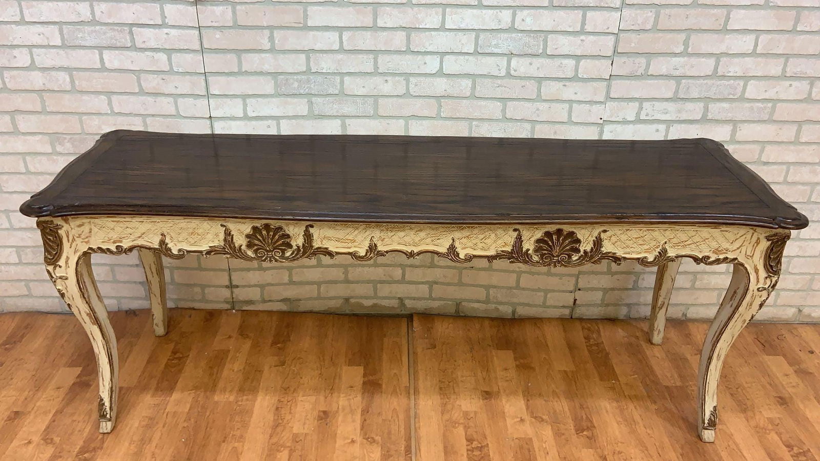 Vintage French Provincial Hand Carved Console Table with Cherry Wood Top - 10