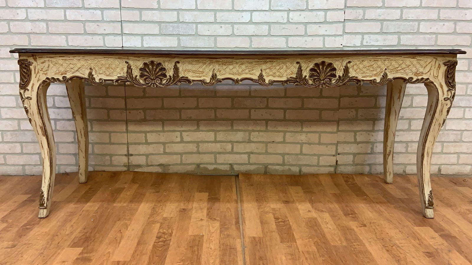 Vintage French Provincial Hand Carved Console Table with Cherry Wood Top - 3