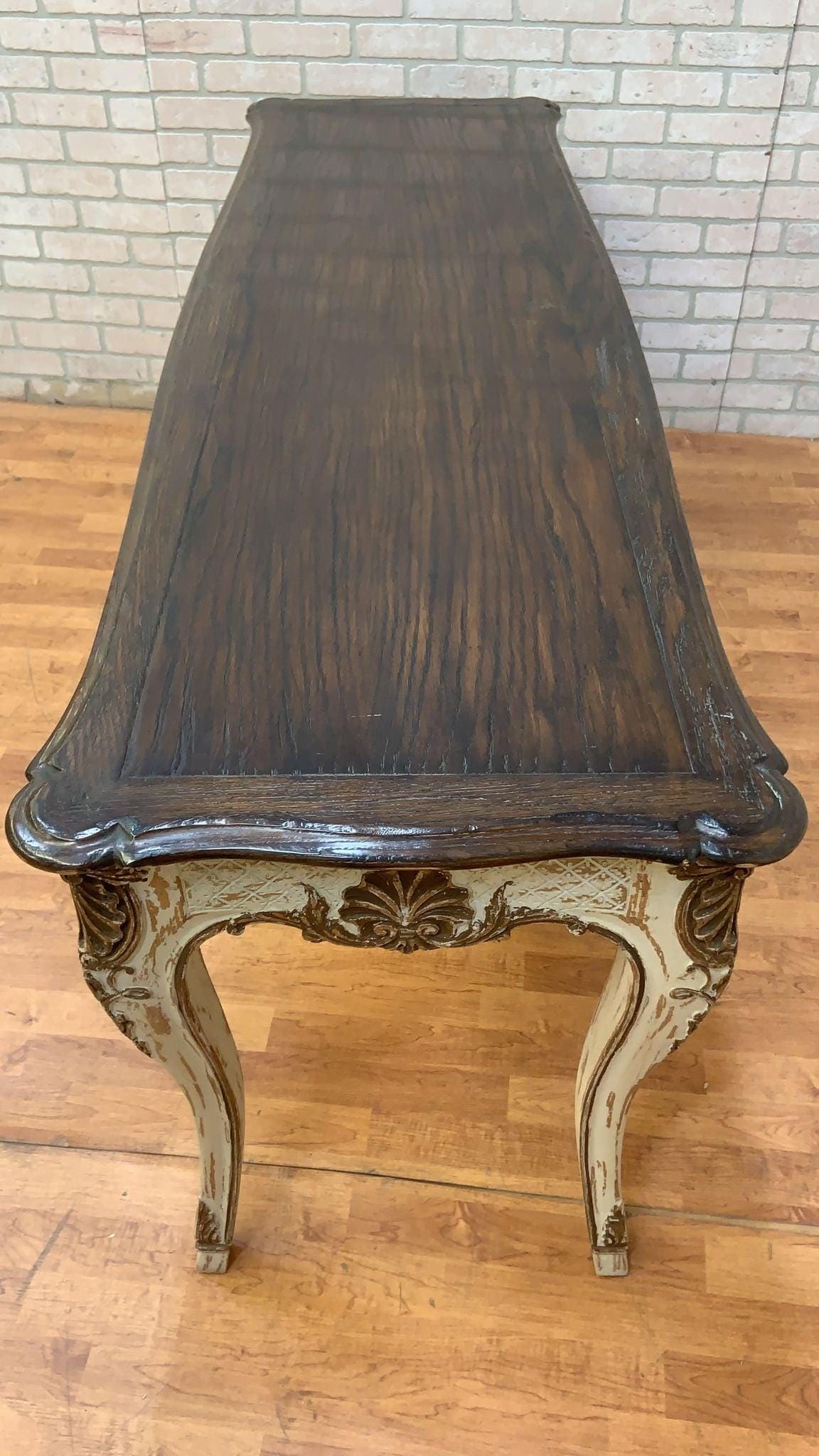 Vintage French Provincial Hand Carved Console Table with Cherry Wood Top - 4