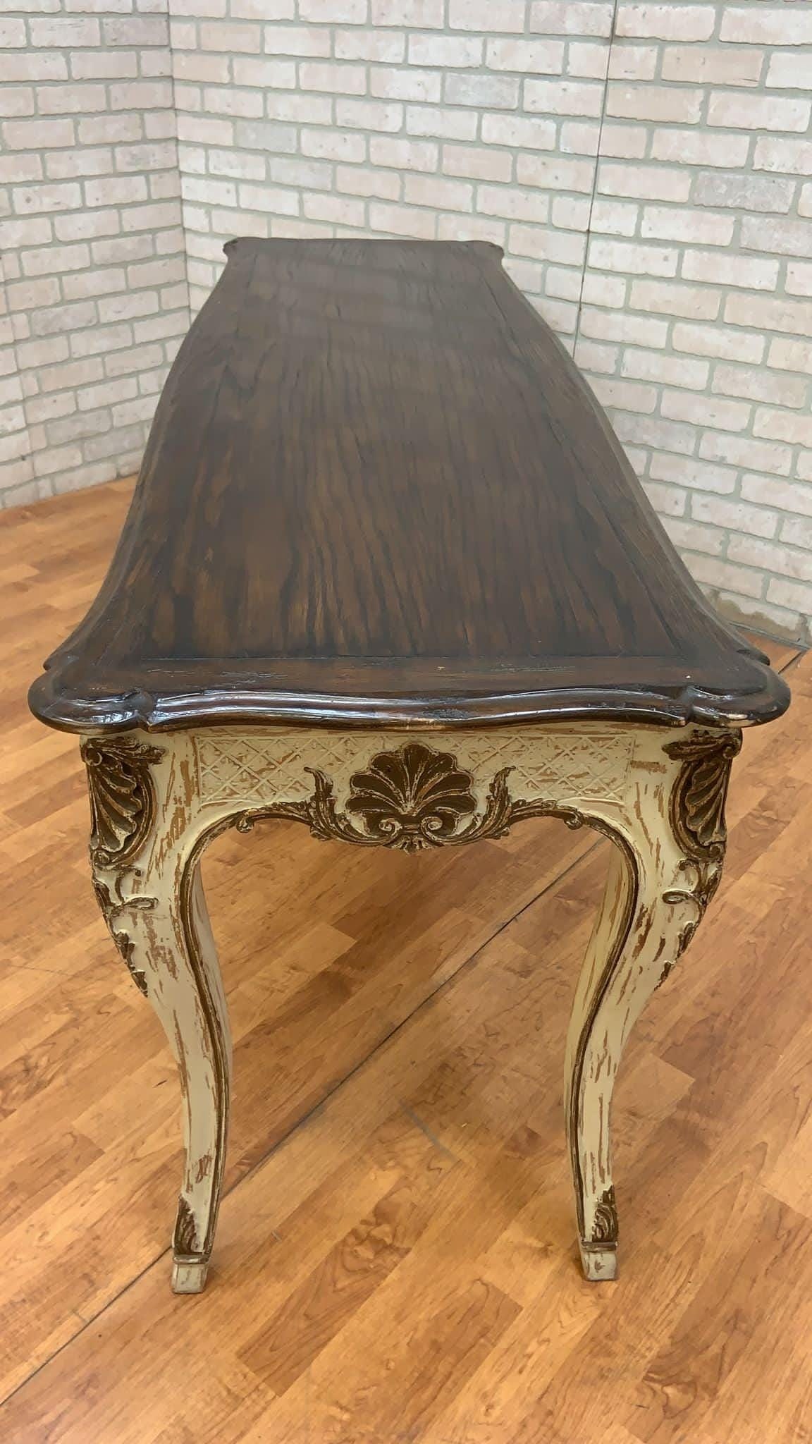 Vintage French Provincial Hand Carved Console Table with Cherry Wood Top - 6