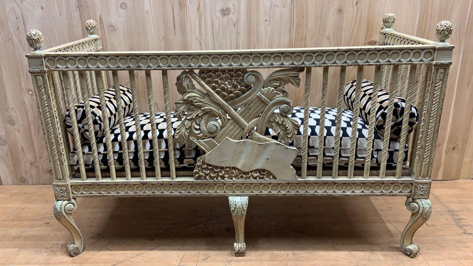 Vintage Italian Neoclassical Carved Settee Bench with Newly Reupholstered Pillow - 10