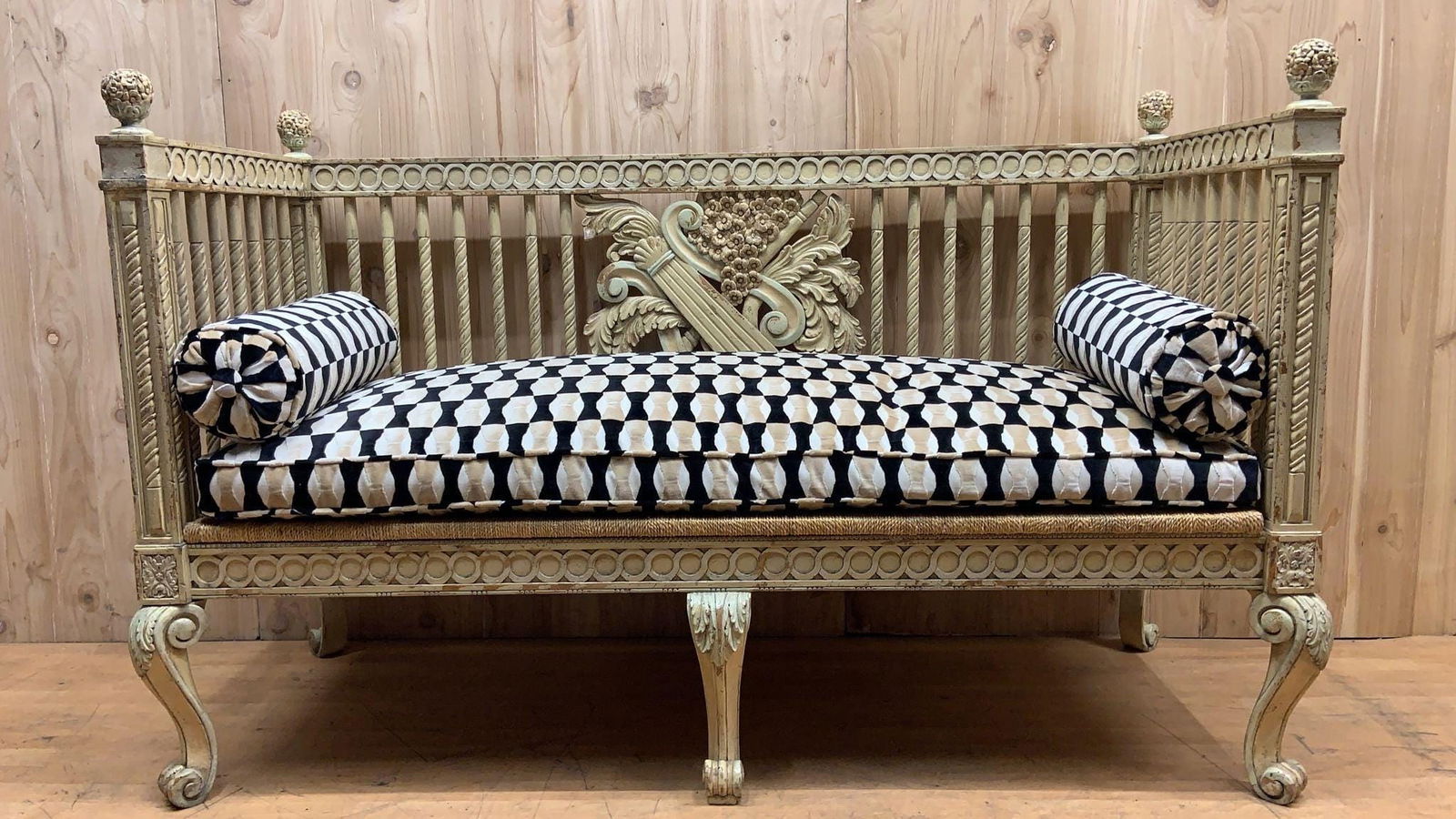 Vintage Italian Neoclassical Carved Settee Bench with Newly Reupholstered Pillow (1 of 10)