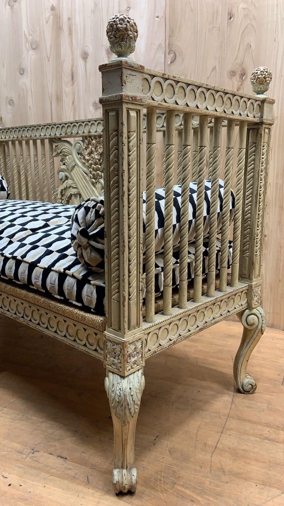 Vintage Italian Neoclassical Carved Settee Bench with Newly Reupholstered Pillow - 3