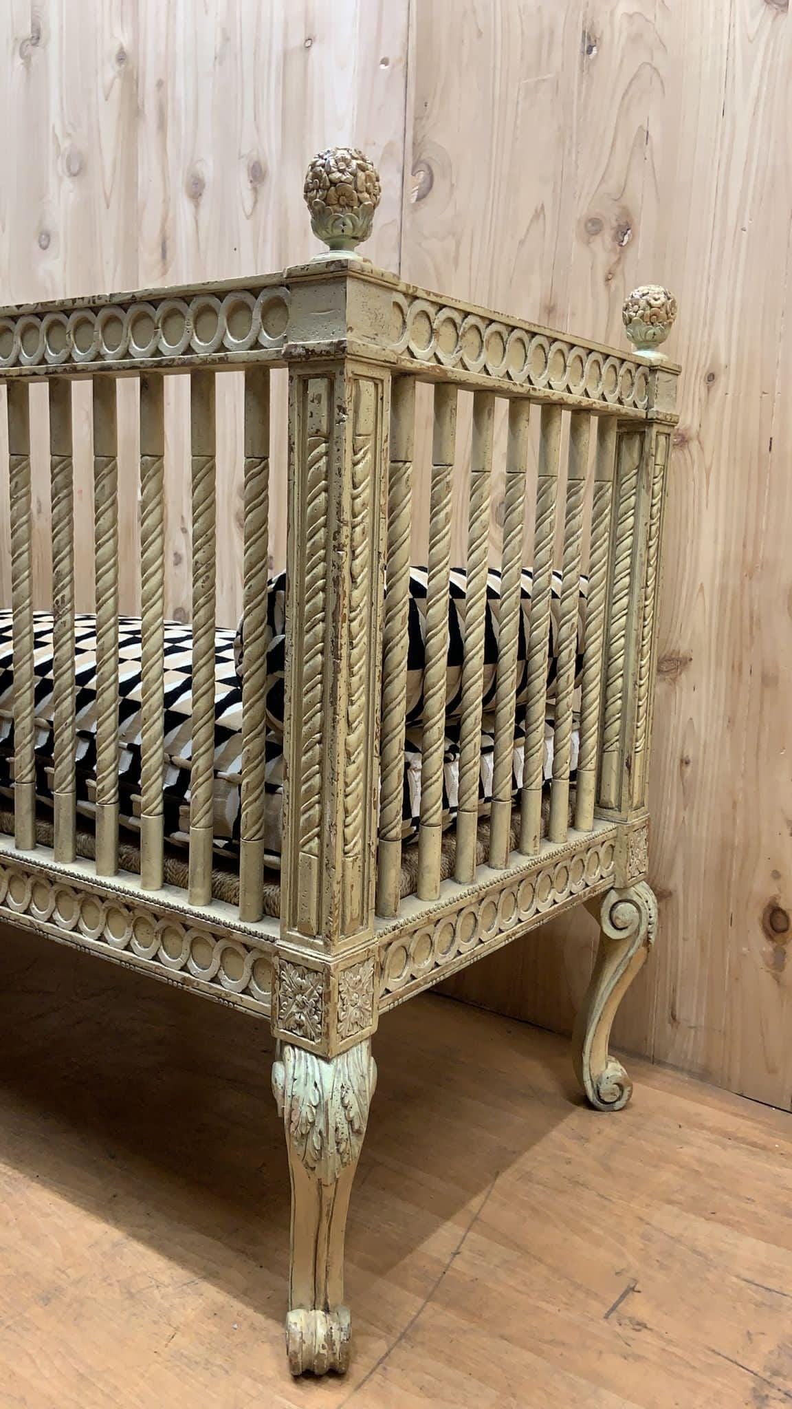 Vintage Italian Neoclassical Carved Settee Bench with Newly Reupholstered Pillow - 5