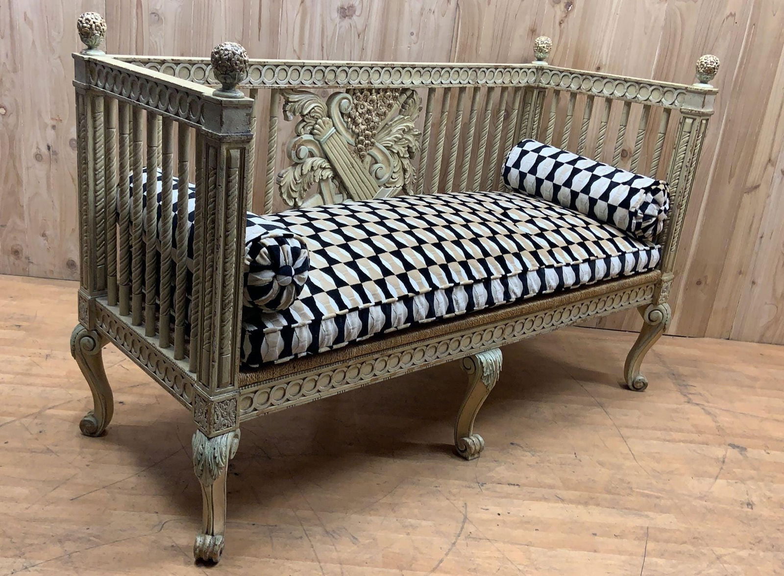 Vintage Italian Neoclassical Carved Settee Bench with Newly Reupholstered Pillow - 6