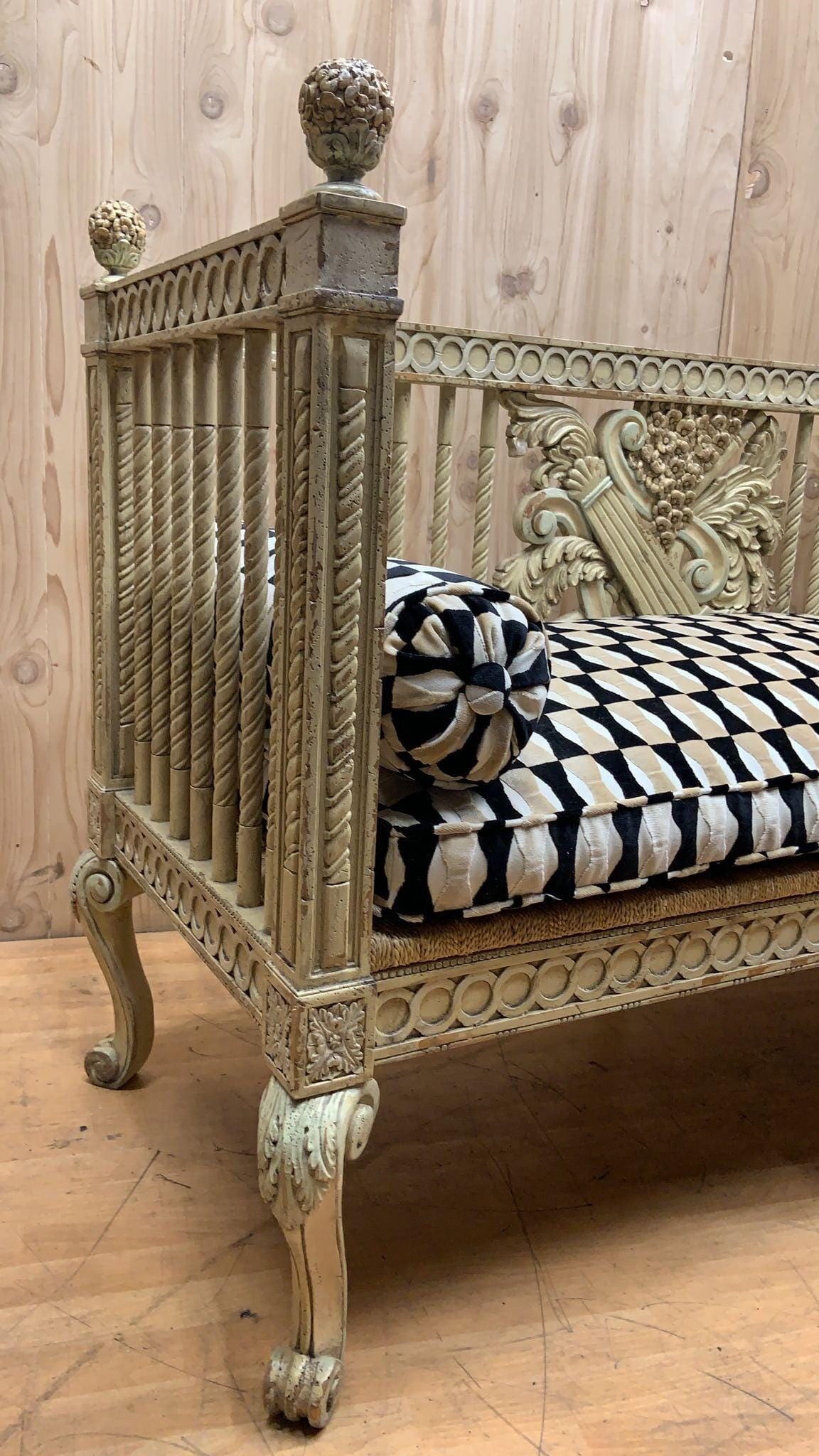 Vintage Italian Neoclassical Carved Settee Bench with Newly Reupholstered Pillow - 8