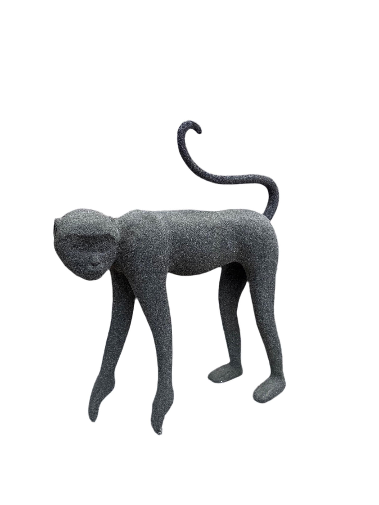 MCM Crouching Monkey Sculpture: Title: MCM Crouching Monkey Sculpture Description: Mid Century Modern Crouching Monkey Sculpture This large 1980s crouching monkey sculpture in grey is a striking representation of Pop Art from the