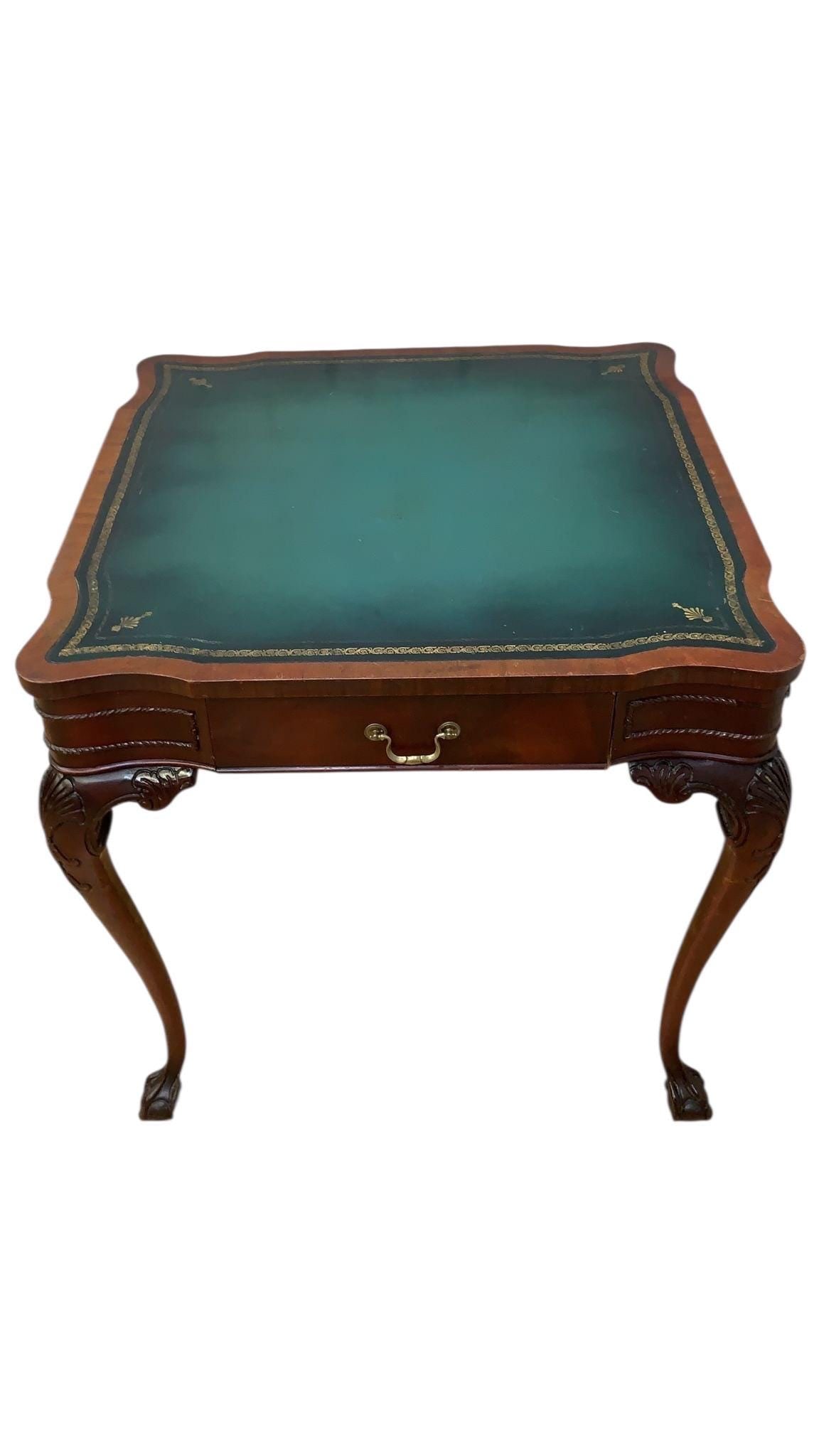 Vintage Chippendale Style Carved Mahogany Leather Top Game Table - 8