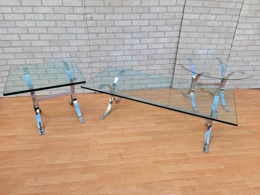 Mid Century Modern Rectangular Chrome Coffee Table and Two Side Tables - 3 Piece Set - 3