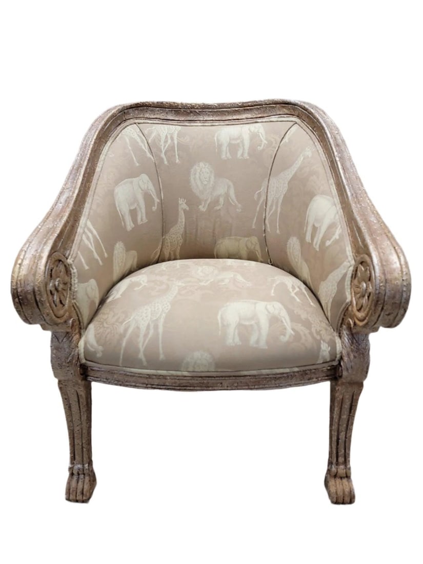Vintage Baroque Safari Fabric Barrel Back Accent Lounge Chair: Title: Vintage Baroque Safari Fabric Barrel Back Accent Lounge Chair Description: Vintage Baroque Safari Fabric Barrel Back Accent Lounge Chair This Maitland Smith style lounge chair has a carved