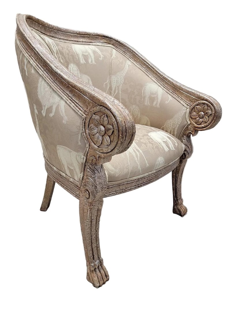Vintage Baroque Safari Fabric Barrel Back Accent Lounge Chair - 9