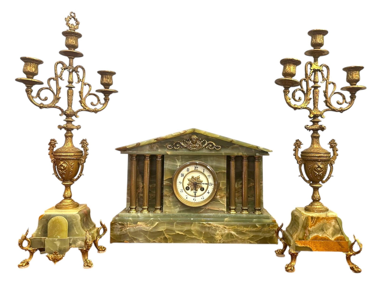 Antique French Neoclassical Green Onyx Garniture Clock Set - 5