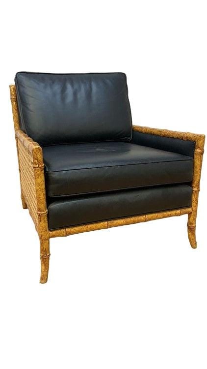 Vintage Cane Leather Club Chair by Interior Crafts: Title: Vintage Cane Leather Club Chair by Interior Crafts Description: Vintage Interior Crafts Cane, Faux Bamboo and Black Leather Club Lounge Chair You coastal modern space needs this beautiful